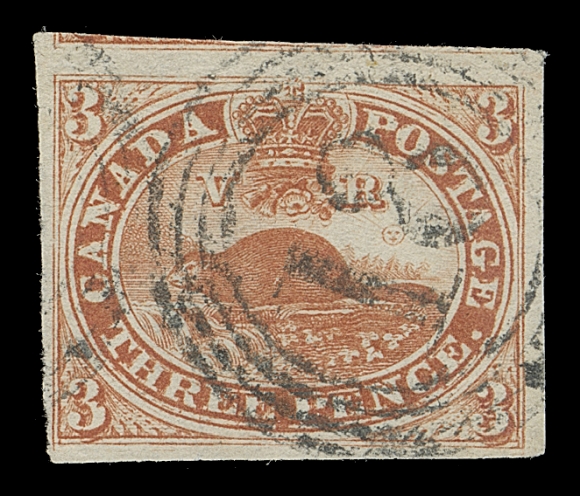 CANADA  4vii,An unusually choice used example of the Major Re-entry from Pane A; Position 47, very strong doubling and other characteristics notably in three "3s", "EE PEN" of THREE PENCE, bottom frames, etc. Well clear to mostly large margins, brilliant colour and clear, central four-ring 