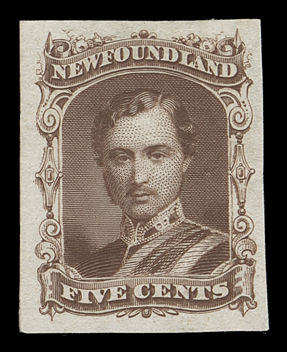 NEWFOUNDLAND  Engraved die essays, stamp size, the adopted design for the 10 cent value; one printed in a dark brown colour similar to issued 5c Seal and the other in black, the issued colour of the ten cent. Both skillfully rebacked over small faults in no way detracting from their visual appeal. A Fine and very rare duo.