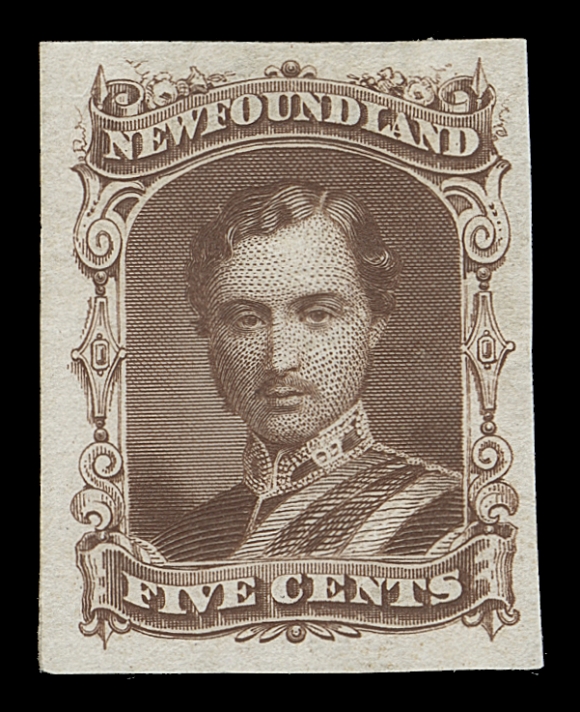 NEWFOUNDLAND Engraved die essays, stamp size, the adopted design for the 10 cent value; one printed in a dark brown colour similar to issued 5c Seal and the other in black, the issued colour of the ten cent. Both skillfully rebacked over small faults in no way detracting from their visual appeal. A Fine and very rare duo.