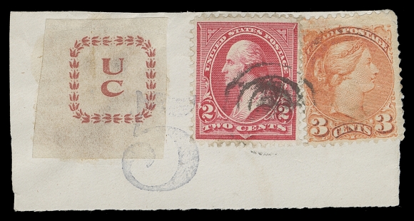 BRITISH COLUMBIA  Undated (1897 circa.) 3c vermilion, Ottawa printing along with US 2c red (Scott 267), former with minor flaws, tied by mute cancels, second trial U.C. (Co.) label type-set in red on white wove paper, imperforate with very large margins, without denomination affixed at left, large "5" handstamp for 5 cents to emphasize a large, likely from a letter destined for Jennings, Montana as US postage was necessary as it entered the US mails privately. Extremely rare.Literature: Illustrated in Robert V.C. Carr "The Upper Columbia Company" article, BNA Topics, January 1964, page 10-11 (Fig. 6)                Illustrated and discussed in Charles Verge "A Canadian Local to Discourage the Use of a Mail Service" article published in FFE #16 handbook, see page 130-131 (Figure 8). Listing - Item 1