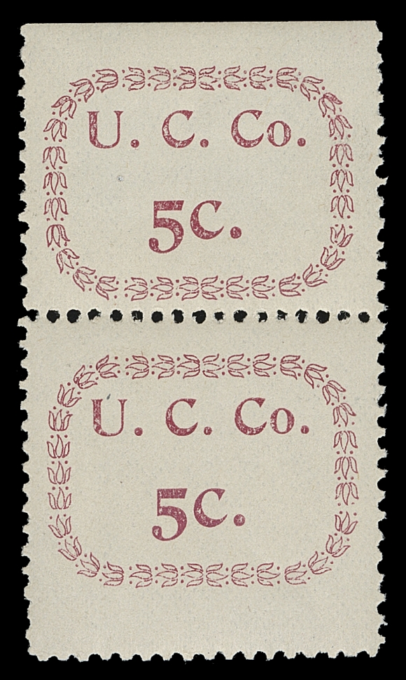 BRITISH COLUMBIA  1897 U.C. Co. 5c. type-set in deep red with hollow tulips on white wove paper, perf 12 mint vertical pair with natural straight edge at top, lightly hinged at top, leaving lower example NEVER HINGED. Few mint examples have survived, let alone never hinged - pairs being rare, VFLiterature: Illustrated in Robert V.C. Carr "The Upper Columbia Company" article, BNA Topics, January 1964, page 16 (Fig. 1)                Illustrated and discussed in Charles Verge "A Canadian Local to Discourage the Use of a Mail Service" published in FFE #16 handbook, page 130 (Figure 7)