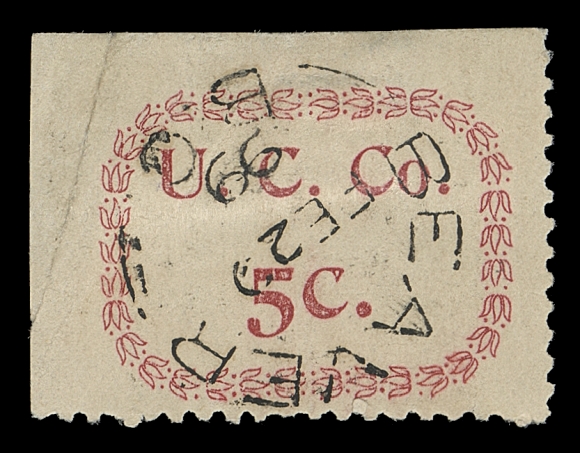 BRITISH COLUMBIA  1897 U.C. Co. 5c. type-set in deep red with hollow tulips on white wove paper, corner positional example perf 12 on two sides, couple pressed creases, socked-on-nose Beaver, BC FE 20 99 split ring datestamp. Regardless of the imperfections, a very scarce local stamp, VF appearance