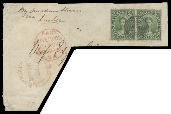 CANADA  18,A quite well centered pair with the distinctive bold colour and impression of a very early printing, cancelled by neat concentric rings to large fragment of cover, double Allan Line (Canadian Packet) letter rate to England, Lennoxville SP 16 1859 double arc dispatch in red, circular Paid Liverpool Co. Packet 29 SP 59 transit in red, reverse shows portion of Wellington transit and Wiveliscombe receiver datestamps, VF and appealing (Unitrade 18 early printing)