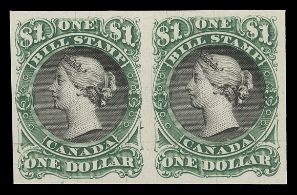 CANADA REVENUES (FEDERAL)  FB18/FB36,Lot of 22 different trial colour plate proof pairs on card mounted india paper - nice range of unissued colours; plus a $3 red + blue centre (as issued), right margin ABNC imprint proof block of six. Includes K. Bileski notes. VF