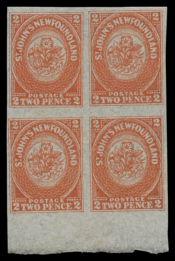NEWFOUNDLAND  11,An exceptional mint block of four with lower sheet margin (Pos. 13-14 / 18-19), originating from the famous part sheet of 16 offered in the Dale-Lichtenstein sale, in absolutely superb condition with vivid colour and radiant impression on fresh wove paper, impressive physical attributes topped off with full pristine original gum, lightly hinged on top pair, lower pair NEVER HINGED. A fabulous block that will stand out in anyone