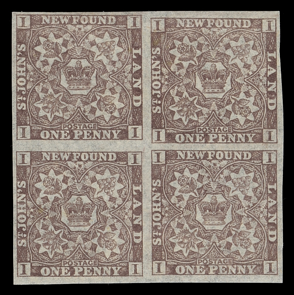 NEWFOUNDLAND  15A,An exceedingly rare mint block of this underrated Newfoundland Pence Issue stamp, surrounded by ample to most large margins, possessing rich colour and large part original gum. As seasoned collectors are aware, this stamp, despite a modest catalogue value, is incredibly difficult to locate in any multiple. In fact, we do not recall previously offering a block of four in either the violet brown or chocolate brown shade. BY FAR THE FINEST OF THE ONLY TWO RECORDED MINT BLOCKS. A wonderful item for the connoisseur, XF OG