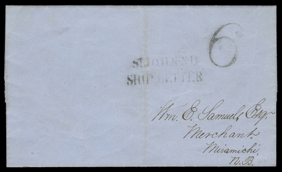 NEW BRUNSWICK STAMPLESS COVERS  Three matching ST. JOHN NB / SHIP LETTER (JGY Type 159) handstamped folded covers: 1) rated 4½ + 7 = 11½ mailed circa. 1842; 2) dated 1852 with "3D" in circle rate handstamp addressed domestically, light wrinkling; and 3) dated 1856 incoming from Boston, Mass. to Miramichi, rated "6". A most appealing trio of this Ship Letter handstamp, F-VF