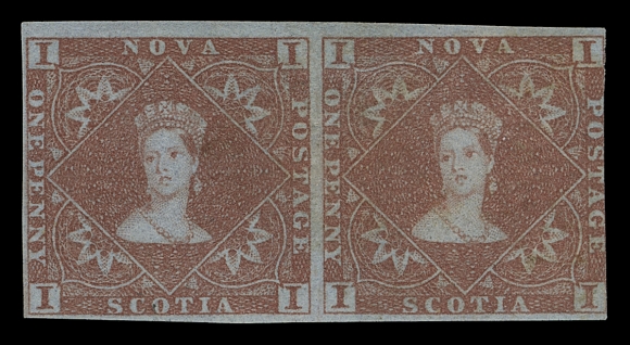 NOVA SCOTIA  1,An attractive and very scarce mint pair, just touching frame at right to enormous margins, displaying deep rich colour and possessing large part original gum. Very few multiples of this classic "Chalon" portrait stamp are known, F-VF OG; 1970 RPS of London cert. (Unitrade cat. as two singles)