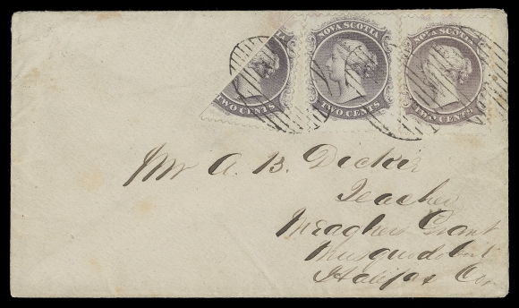 NOVA SCOTIA  1865 (August 4) Small neat cover bearing two distinct shades of the 2 cent together with a visually striking diagonal bisect, all ideally tied by clear oval mute grid cancellations, a very elusive franking during Nova Scotia
