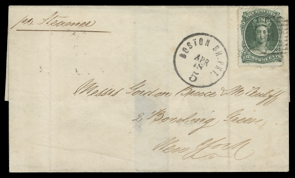 NOVA SCOTIA  1862 (April 15) Superb folded cover endorsed "per Steamer" from Halifax to New York, franked with a single 8½c green on white paper tied by oval grid "H" cancellation, paying the short-lived and rare packet rate from Halifax to the United States in effect until April 30, 1862 (only in force for nineteen months), Boston Br. Pkt "5" APR 18 transit CDS neatly struck next to franking, denoting 5 cents US postage was to be collected by the recipient; Halifax Nova Scotia AP 15 1862 A rare and most appealing single-franking cover, VF (Unitrade 11)Expertization: 1969 RPS of London certificateProvenance: Dale-Lichtenstein, Sale 2, November 1968; Lot 898. This world-famous BNA collection dispersed over four sales had only three such 8½c in-period covers to the USA. This example realized US$450 (in 1968), by far the highest realization of the three.Hiroyuki Kanai "Specialized Nova Scotia", October 1985; Lot 1126