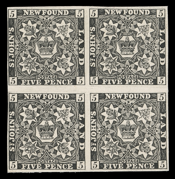 NEWFOUNDLAND  5P,A trial colour plate proof block printed in black on white card, possessing well clear to ample margins; a very scarce multiple as only one sheet of 40 was printed, VF; ex. Sir Gawaine Baillie (May 2006; Lot 288)