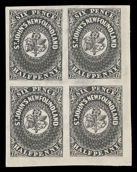 NEWFOUNDLAND  7P,Trial colour plate proof block of four printed in black on white card, with lower right corner margin and noticeably large margins on other two sides. An outstanding proof block of great rarity as only one sheet of 20 was ever printed, VF+ (Unitrade cat. as four proof singles)We are aware of two other Six and One Half pence proof blocks: 1) ex. Pratt, Highlands, 2) ex. Harris. We are unable to ascertain if 2) block is still intact.