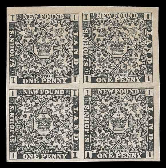 NEWFOUNDLAND  1P,Trial colour plate proof block from the upper right corner position, printed in black on white card, as only one sheet (of 120 for the One penny stamp) this block is a UNIQUE corner position, VF