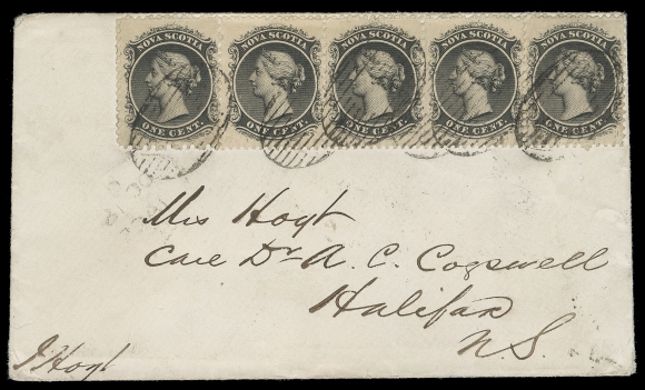 NOVA SCOTIA  1865 (October 17) Neat envelope mailed from New Glasgow to Halifax bearing an impressive horizontal strip of four and single of the 1c black on yellowish wove paper, nicely tied by oval mute grid cancels, clear OC 17 dispatch and oval "H" (Halifax) OC 18 receiver backstamps. According to author and expert Nicholas Argenti, a rare multiple franking paying the current 5 cent domestic letter rate, especially desirable in such nice condition, VF+ (Unitrade 8)Provenance: Dale-Lichtenstein, Sale 2, H.R. Harmer, Inc. November 1968; Lot 884