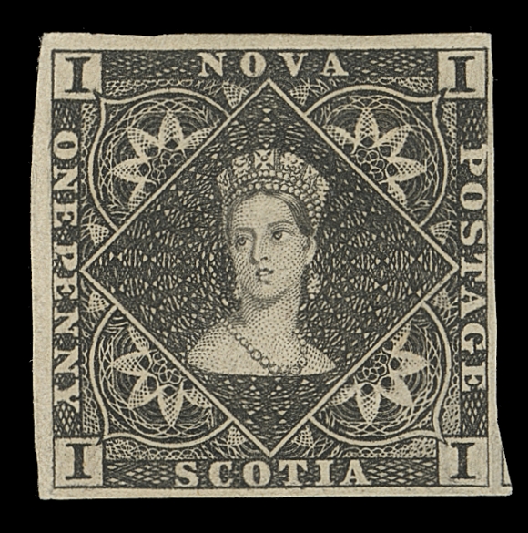 NOVA SCOTIA 1P,Plate proof single printed in black on yellowish wove paper, adequate to large margins, VF