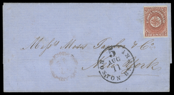 NEWFOUNDLAND  1859 (August 2) Blue folded cover to New York bearing a lovely example of the 4p scarlet vermilion on thick white wove paper, ample to mainly large margins all around and tied by light oval barred cancels, light St. John