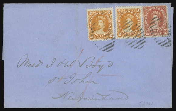 NEW BRUNSWICK  1864 (April 21) Blue folded cover in immaculate condition mailed from Way Office Douglastown to St. John