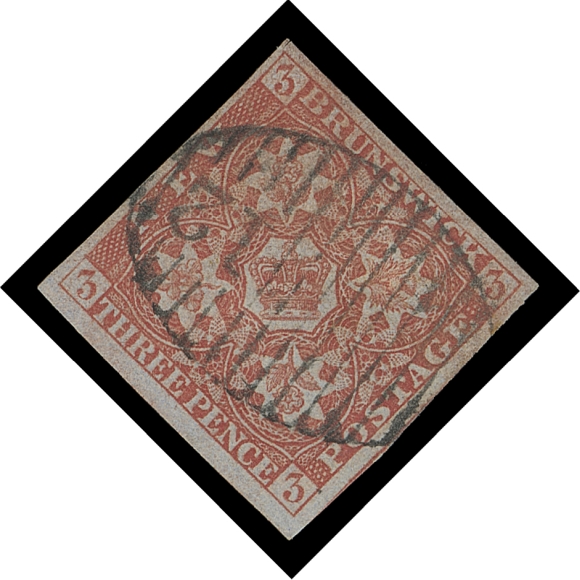 NEW BRUNSWICK  1,A superb used example surrounded by extra large margins, portion of neighbouring stamp visible on one side and showing a nearly  complete, centrally struck oval grid 