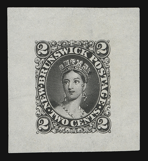 NEW BRUNSWICK  7,Trial colour die proof printed in black on india paper measuring 32 x 34mm; without the guidelines that are present on circa. 1879 "Goodalls" and very scarce thus, VF; ex. Nicholas Argenti (November 1963; Lot 146)