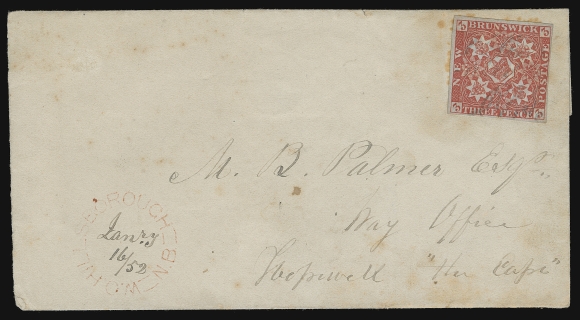 NEW BRUNSWICK  1852 (January 16) Folded cover mailed from Way Office Hillsborough, NB addressed to Way Office at Hopewell the Cape, which was only 7 miles away, bearing a full margined 3p dark red with characteristic rich colour and sharp impression, faint manuscript cancel "Obliterated R.P.S." by R.E. Steeves (who was the Way Office keeper at Hillsborough) and in the same handwriting as the manuscript "Jan 16/52" date inserted within a very fine strike of the W.O. Hillborough, NB dispatch in RED; minor foxing to cover. According to Firby census this cover becomes the fourth earliest single-usage of the three pence. An appealing and very early Pence cover between two way offices, F-VF (Unitrade 1a)
