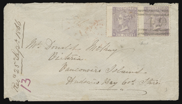 BRITISH COLUMBIA  Incoming Mail: Vancouver Island Colony 1866 (August 13) Envelope mailed from Scotland to the Hudson