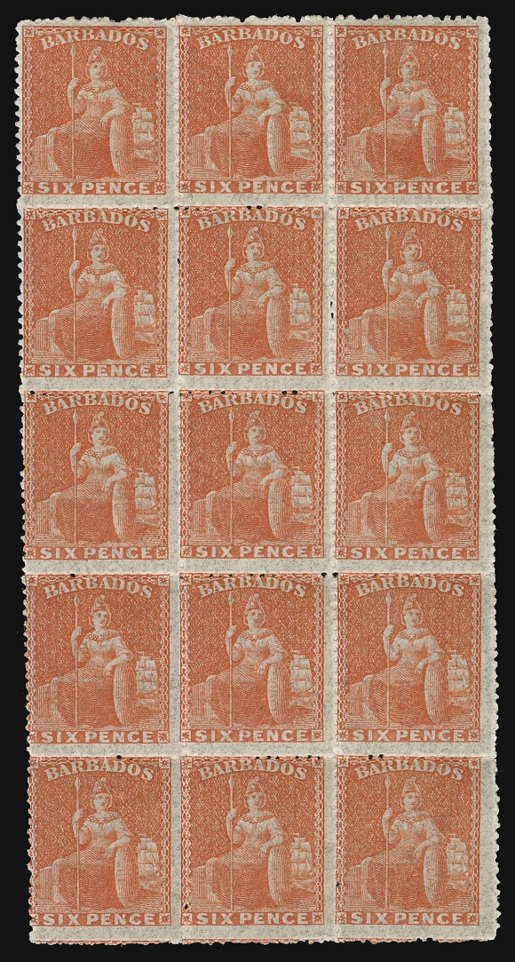 BARBADOS  20,A spectacular mint block of fifteen with exceptional colour and overall freshness, one tone spot, full original gum with six stamps NEVER HINGED. According to the Roett census this is the SECOND LARGEST KNOWN MULTIPLE. A glorious showpiece, Fine+ (SG 31) ex. J.L. Messenger (March 1983), Joseph Hackmey (April 1986)