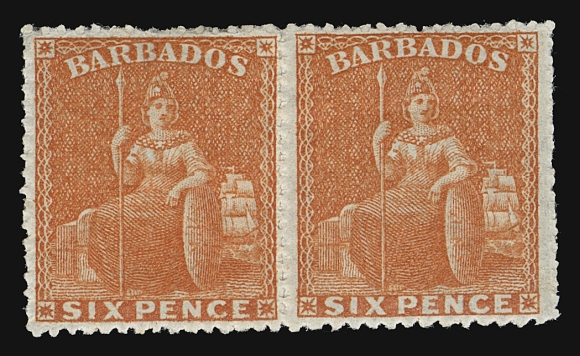 BARBADOS  20c,A premium quality mint pair with exceptional colour and equally superb centering, large part original gum; as fresh as the day it was printed, XF OG (SG 33 £400+)