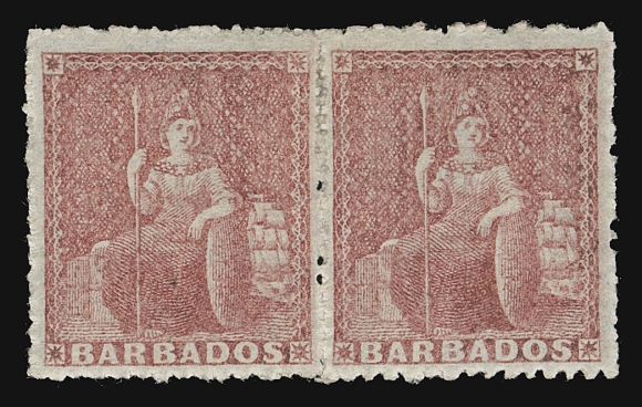 BARBADOS  17,A superb mint pair, very well centered within noticeably large margins, large part original gum, XF OG; 1961 RPS of London certificate (SG 25)