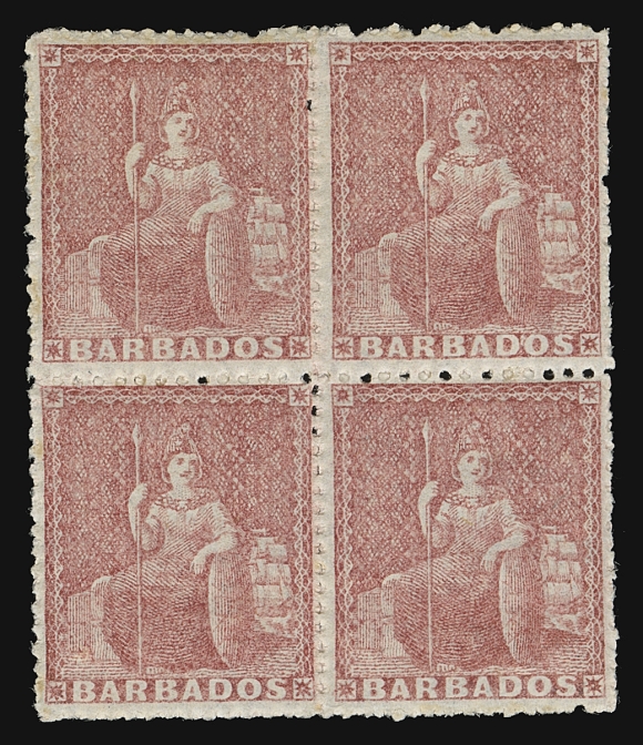 BARBADOS  17,A selected mint block of four with great colour, well-above average centering and full original gum, lower pair with just a trace of hinging. A very scarce block (about half a dozen recorded), VF OG (SG 25)