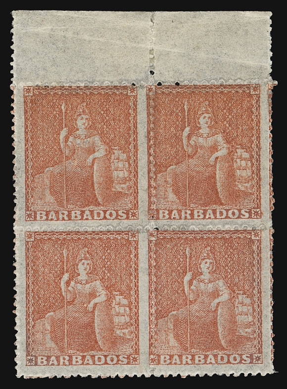 BARBADOS  18,Mint top margin block of four in a distinctive shade, with appealing large margins, creasing in margin only; a beautiful block that really stands out, F-VF; 1962 RPS of London cert. (SG 28) ex. Hodsell Hurlock (June 1959), Leslie Wheeler (May 1970) and pictured on the back cover of this important "name-sale" auction catalogue.