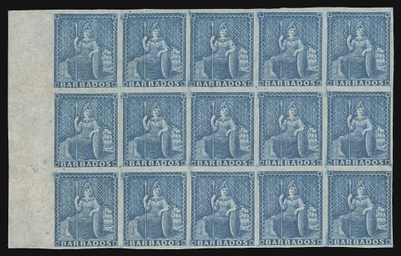 BARBADOS  16b,A phenomenal unused imperforate variety block of fifteen (5 x 3), sheet margin at left and mostly large margins on other sides, characteristic worn impression, without gum as do nearly all (if not all) existing imperforates, the SECOND LARGEST KNOWN MULTIPLE only slightly surpassed by a block of sixteen (ex. Hurlock, Wheeler, Deakin). A fabulous multiple ideal for a world-class collection, VF; 1988 BPA cert. (SG 23a)Provenance: Gilbert Collection of Barbados, Ivy, Shreve & Mader, March 1992; Lot 59