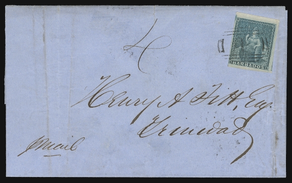 BARBADOS  1856 (September 5) Blue folded cover bearing an impressive large margined (1p) deep blue on white paper, portion of sheet margin at top, neatly tied by sharp oval grid "1" in black paying the local letter rate, manuscript "4" for ship letter rate to Trinidad, two different Barbados SP 5 1856 backstamps along with partially legible receiver. An attractive, early dated cover mailed at inter-island rate, VF (SG 10)