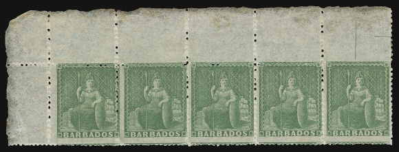 BARBADOS  15,An exceptional upper left Plate "2" horizontal strip of five - characteristic small engraved "2" visible at top left of Position 1, few exist, hinged in the margin only, all stamps are NEVER HINGED. A Fine and important plate number piece ideal for exhibition, Fine+ (SG 21)Provenance: Hodsell Hurlock, H.R. Harmer, Ltd. London, June 1958; Lot 233                   Claude Cartier, Part One, April 1977; Lot 13