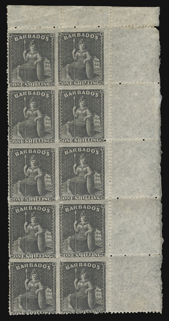 BARBADOS  21,A remarkable upper right margin mint block of ten, displaying radiant colour and in an excellent state of preservation, full original gum with nine stamps NEVER HINGED. A great "Britannia" positional block, Fine + OG (SG 34) ex. Leslie Wheeler (May 1970; Lot 495), Frank Deakin (April 2010)