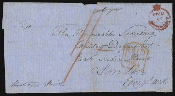 BARBADOS  1854 (October 11) Folded cover prepaid to London, England, small nick at top, rated "1/-" in red crayon with a bold, superbly struck British "Crown" Paid at Barbadoes handstamp in vivid red colour at top right, two different Barbadoes dispatch datestamps on back, "tombstone" PAID NO 1 1854 receiver in red on front; a lovely Crowned-circle handstamped cover, F-VF (SG CC1)