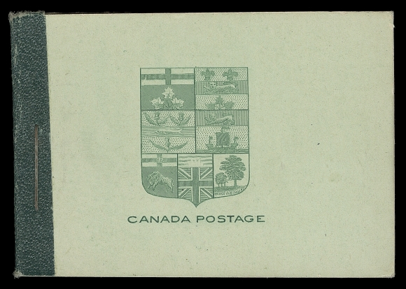 CANADA  BK3c,Complete English booklet, dark green binding tape under staple, containing four panes of six of the 1c yellow green on vertical mesh paper, all brilliant fresh, well centered and NH; small Type II serif capitals information sheets (36mm wide), choice VF