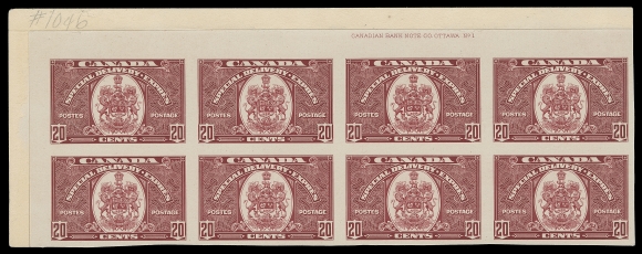 CANADA  E8P,Upper left and upper right plate proof blocks of eight with full CBN Plate 1 imprint, printed in the issued colour on card mounted india paper, archive pencil annotation "#1046" on each, a visually striking and extremely rare duo, XF (Unitrade cat. as single proofs alone)