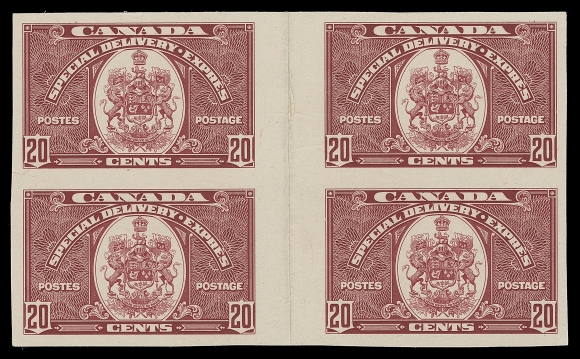 CANADA  E8P,Plate proof interpanneau block of four with vertical gutter between, folded at centre as are all known, printed in issued on card mounted india paper; a maximum of 20 gutter pairs can exist, VF