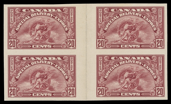 CANADA  E6,Plate proof interpanneau block of four with vertical gutter margin between, folded at centre as do all known, printed in issued on card mounted india paper; a maximum of 20 gutter pairs can exist, VF