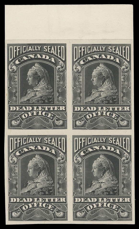 CANADA  OX2P,A remarkable plate proof block with top sheet margin, printed in  the issued colour on card mounted india paper; a rare multiple, XF