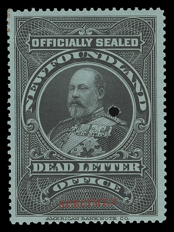 NEWFOUNDLAND  OX1iv,A well centered, fresh mint single with ABNC specimen overprint in red at foot and customary security punch, showing full letter "J" of "JUDICIAL" watermark,  VF LH