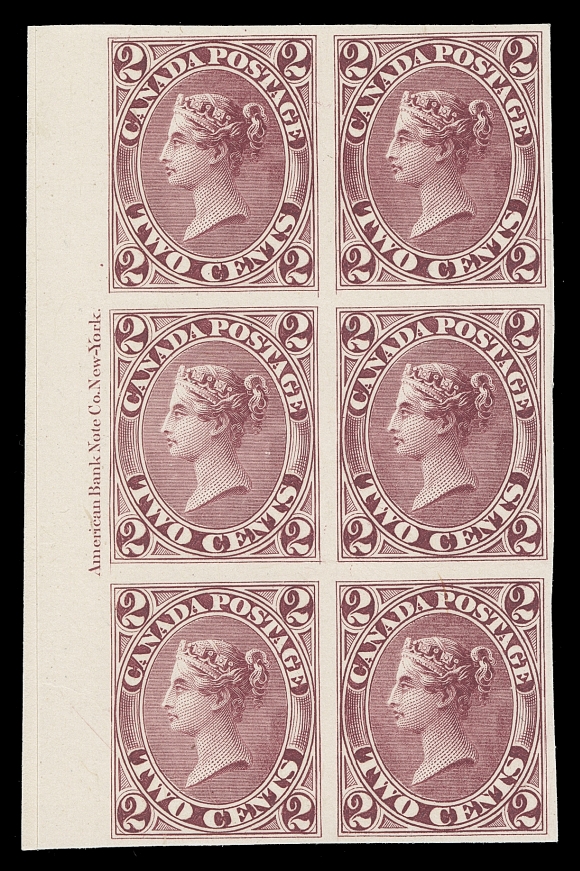 CANADA  20TC + varieties,Left and Right margin ABNC imprint plate proof blocks of six on card mounted india paper, choice and fresh, VF (Cat. as normal single proofs)These two blocks are from Positions 11/32 and 19/40 respectively; engraver