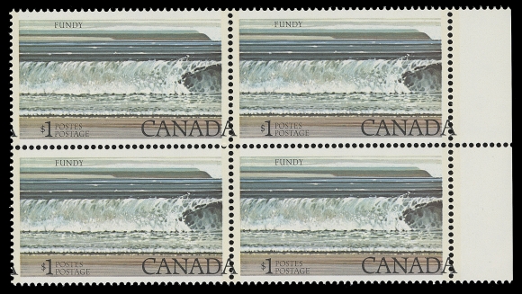 CANADA  726 varieties,Two matching mint blocks of four; one shows a double impression of the engraved inscriptions (one of which is albino, in the normal position and visible from the back).  The second block shows a very faint impression of the engraved "POSTES / POSTAGE" to right of "$1" on each stamp. A highly unusual duo, accompanied by K. Bileski detailed notes and observations, VF NH