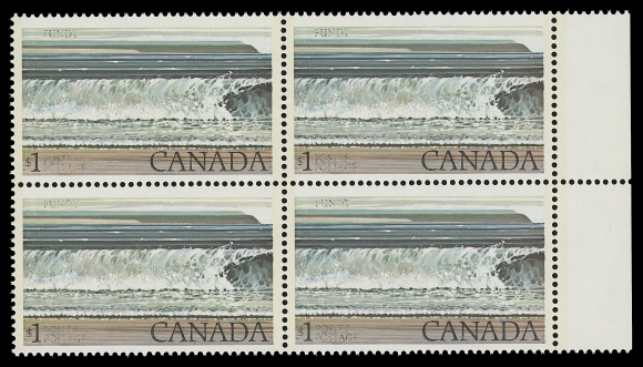 CANADA  726 varieties,Two matching mint blocks of four; one shows a double impression of the engraved inscriptions (one of which is albino, in the normal position and visible from the back).  The second block shows a very faint impression of the engraved "POSTES / POSTAGE" to right of "$1" on each stamp. A highly unusual duo, accompanied by K. Bileski detailed notes and observations, VF NH