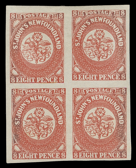 NEWFOUNDLAND  8,A choice mint block of four with mostly large margins, with bright colour and clear impression, large portion of its characteristic dull, white original gum, VF OG