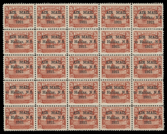 NEWFOUNDLAND  C3-C3j,A well centered mint sheet with excellent colour, eleven stamps are hinged to lightly hinged; fourteen NH stamps are to be found at Positions 6 to 18 and 22. A lovely intact sheet of which only a small number survive, VFOnly 560 sheets of 25 were printed (four were inverted). It has been documented that over 5,000 letters were franked with this stamp, from November 16 to 26, 1921. 