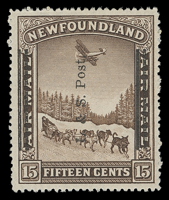 NEWFOUNDLAND  211b,The sought-after INVERTED OVERPRINT ERROR, reading up instead of down as on the issued stamp; a well centered mint single with bright fresh colour, light horizontal gum bend, full original gum, faint trace of hinging. Missing from even the most advanced collections and an under-rated invert error, VF VLHExpertization: 1954 BPA certificate ONLY ONE ERROR PANE OF 25 WAS PRINTED WITH THE OVERPRINT READING UP.