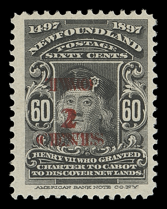 NEWFOUNDLAND  74E-2,A fresh mint single with the provisional three-line "TWO / 2 / CENTS" trial surcharge (double) in red, F-VF VLH