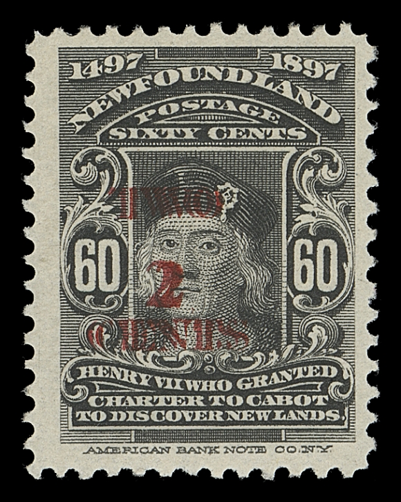 NEWFOUNDLAND 74E-2,A fresh mint single with the provisional three-line "TWO / 2 / CENTS" trial surcharge (double) in red, F-VF VLH