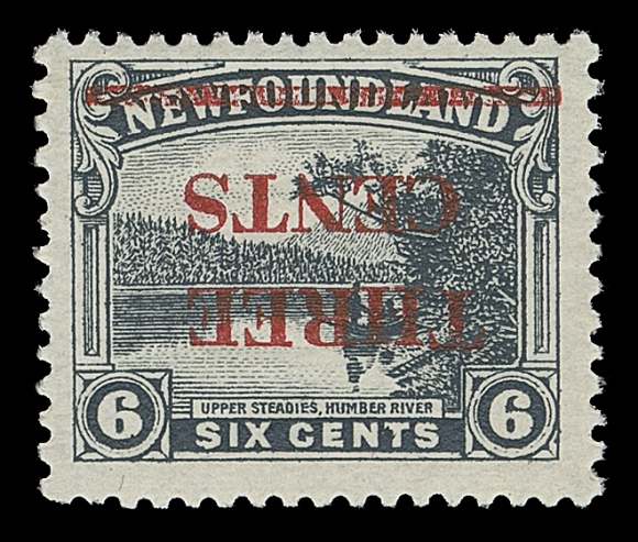 NEWFOUNDLAND  160a,A fresh mint single with inverted surcharge, post office fresh, F-VF NH; only three panes (75 stamps) were surcharged in error, very few still exist never hinged.